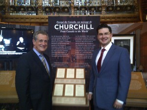 churchill-exhibit Mr. Ron Cohen, founding President of the Sir Winston Churchill Society of Ottawa and MP Pierre Poilievre, at the Churchill Exhibit in the Library of Parliament