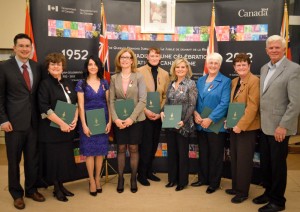 community-champions-0857 (L-R): MP Pierre Poilievre, Sylvia McDonald, Lena Hillock, Suzel Vieira Ayyad, Kimberly Sheldrick, Nicole Boucher, Dr. Priscilla Bright, Marie Trojan, Councillor Doug Thompson